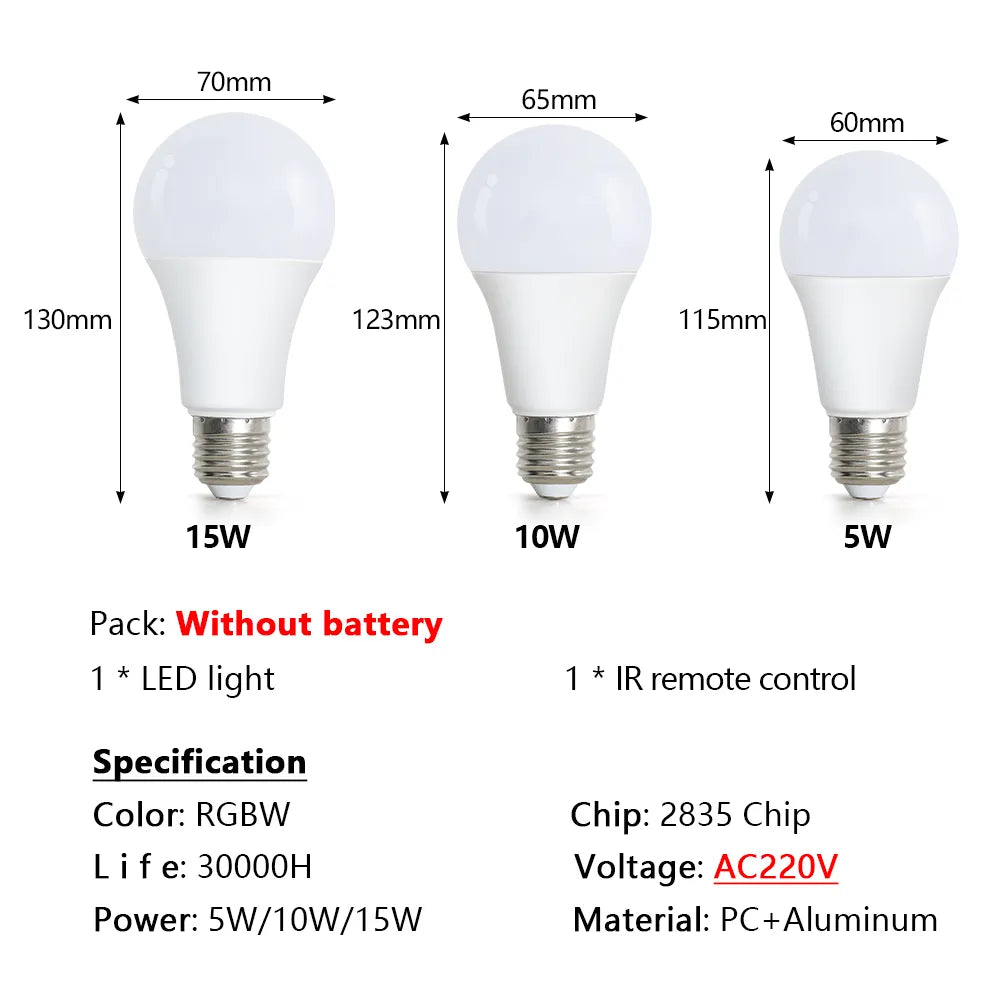 220V E27 RGB LED Light Bulb IR Remote Control Changeable Colorful RGBW