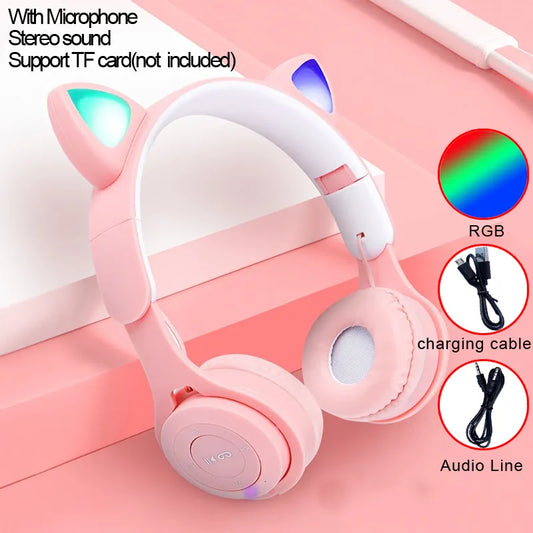 Cute Cat Ears w/ Mic Stereo Music Helmet Phone Bluetooth Headset