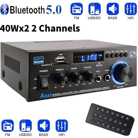 Bluetooth 5.0 Hifi Stereo Amplifier 60/80W 2.0 Channel with Remote Control & Power Plugs