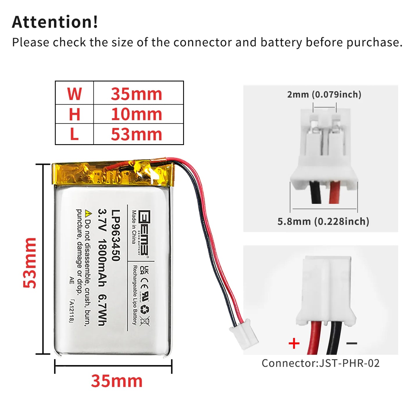 EEMB 3.7V Lipo Battery Rechargeable Lithium Polymer Battery for GPS Navigator, Bluetooth Speaker, etc.