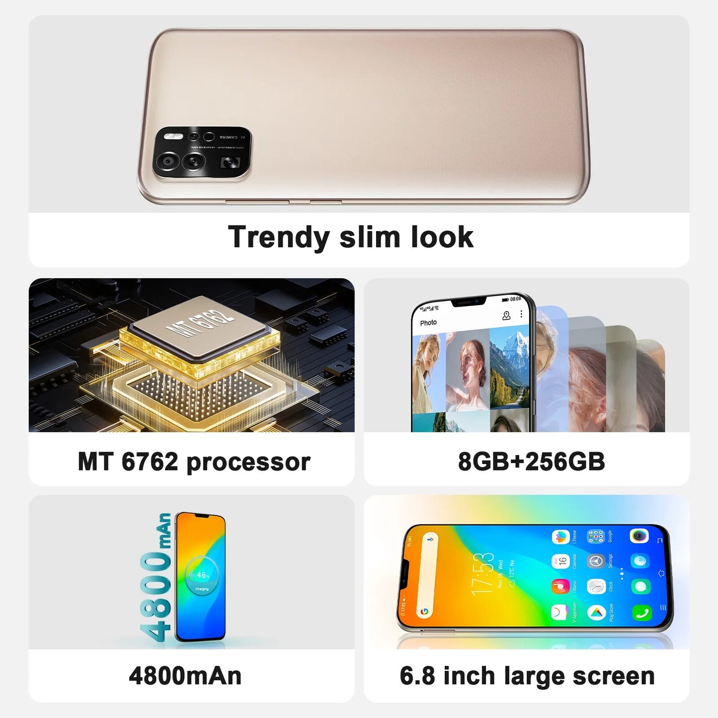 2023 Global Version Mobile Phone 48MP Face ID Dual Sim Cellphone Smartphone 8GB+256GB