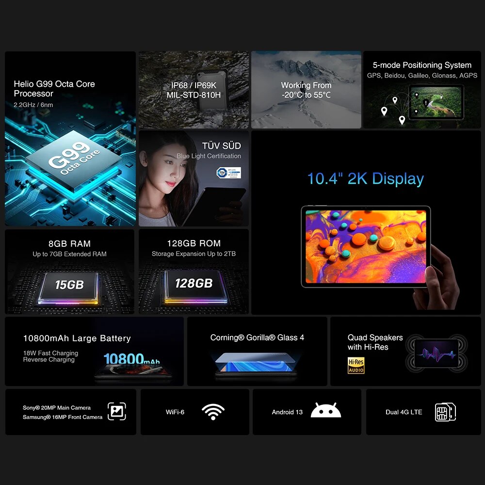 DOOGEE R10 Rugged Tablet 10.4 Inch 2K Display 15GB RAM + 128GB ROM 10800mAh Enormous Battery Tablet Phone Helio G99 Octa Core PC