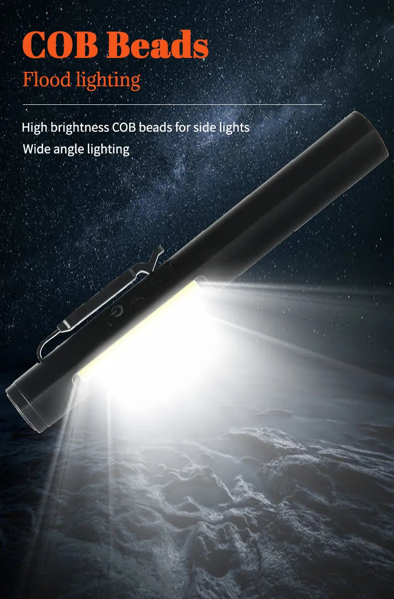 Portable LED Flashlight Side COB Built In Battery USB C Rechargeable MINI Pen Clip Light