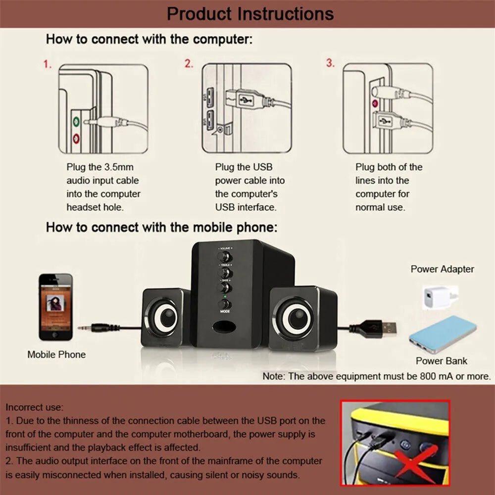 Stereo Bass Sound Computer Speakers Subwoofer USB Wired For Desktop Laptop