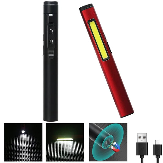 Portable LED Flashlight Side COB Built In Battery USB C Rechargeable MINI Pen Clip Light