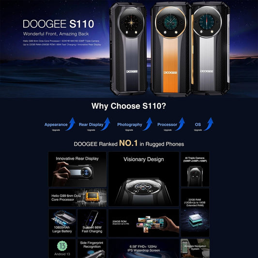 DOOGEE S110 Rugged Phone FHD Waterdrop Screen Android 13