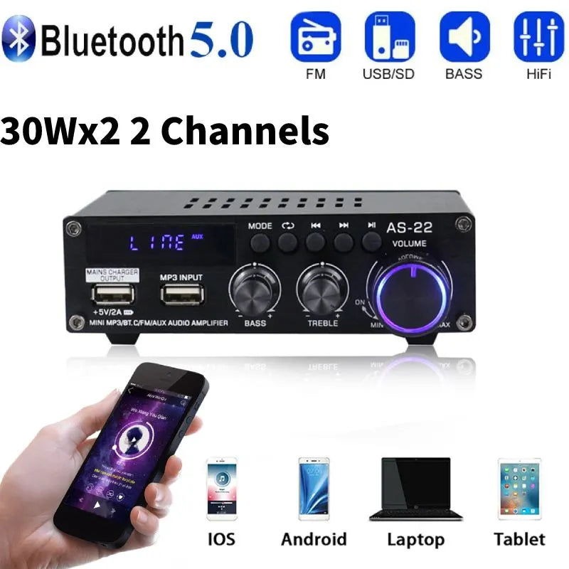 Bluetooth 5.0 Hifi Stereo Amplifier 60/80W 2.0 Channel with Remote Control & Power Plugs