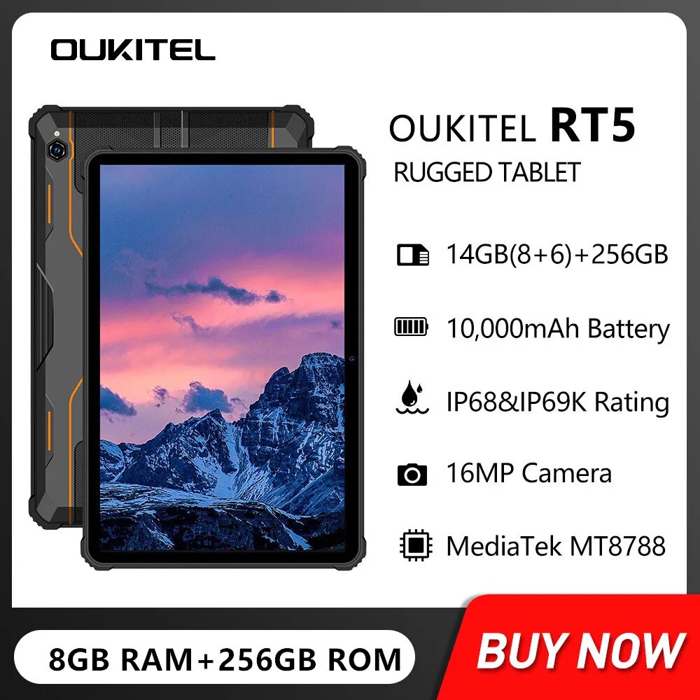 OUKITEL RT5 Rugged Tablet 8GB+256GB 11000mAh 10.1 Inch FHD Display Android 13 Tablets 16MP Camera 33W Charged Dual SIM 4G Pad